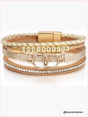 Leather Wrap Bracelet with Pearl Crystal Beads, Boho Multi-Layer Design